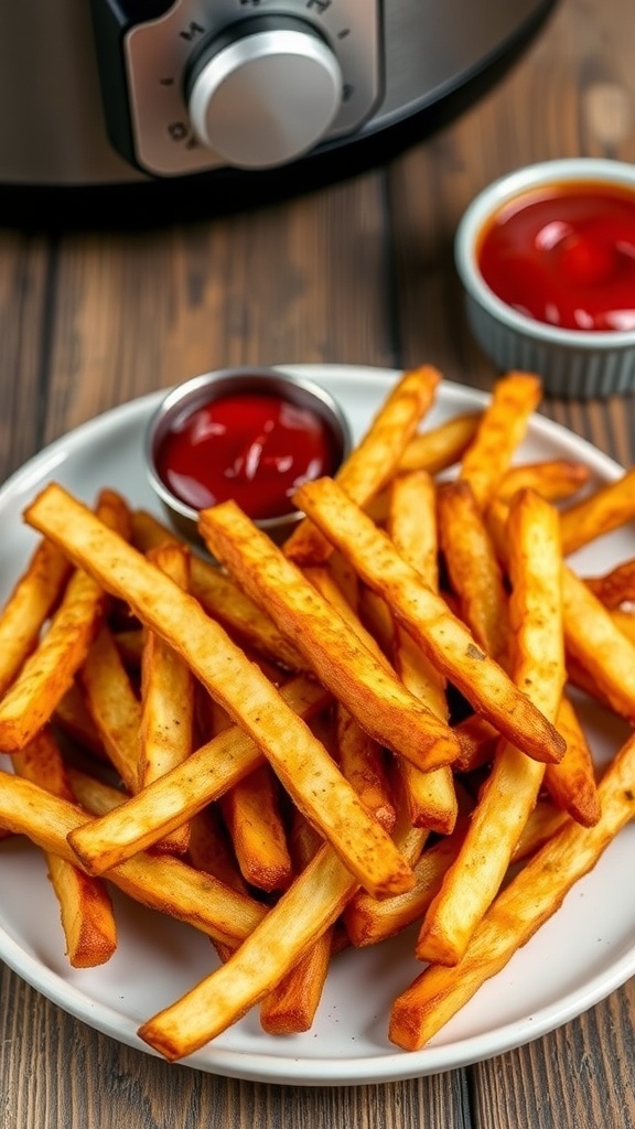 Crispy air fryer steak fries on a plate with ketchup on a rustic table.